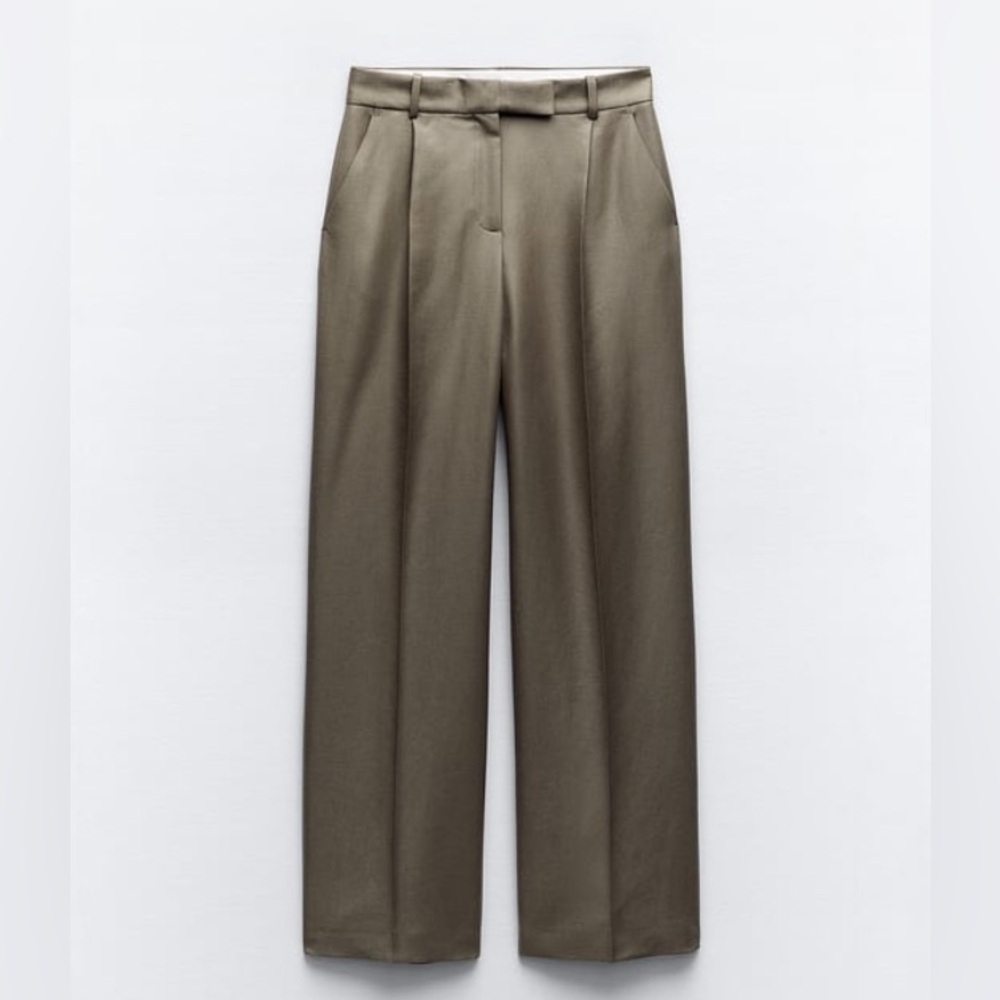 Zara RARE Straight Cut‎ Pleated Pants with Pockets In Khaki Size L